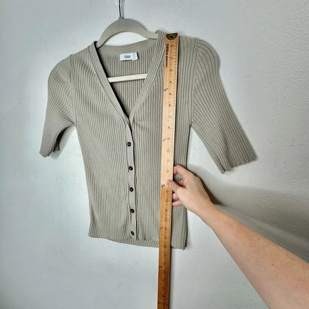 Closed Stone Gray Ribbed Knit V-Neck Front Button Short Sleeve Cardigan Top XXS